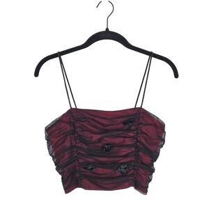 Vtg Morgan and Co Red Black Ruched Mesh Rosette Crop Top Y2K Whimsigoth Vamp